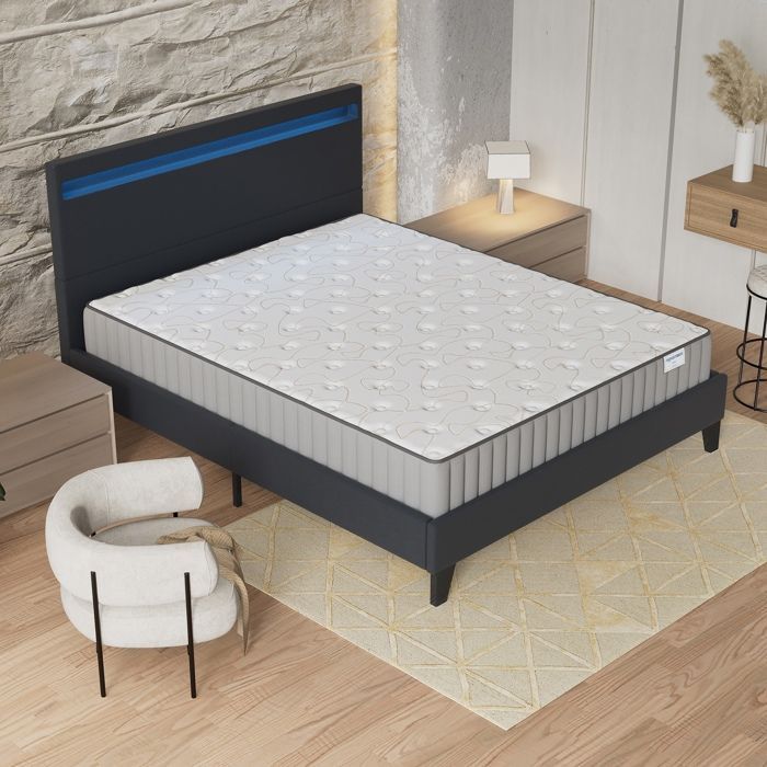 Matras en bedset (140 x 190 cm) Orionis 16 cm traagschuim & schuim met hoge dichtheid + stabiele lattenbodem & LED-hoofdbord zwart