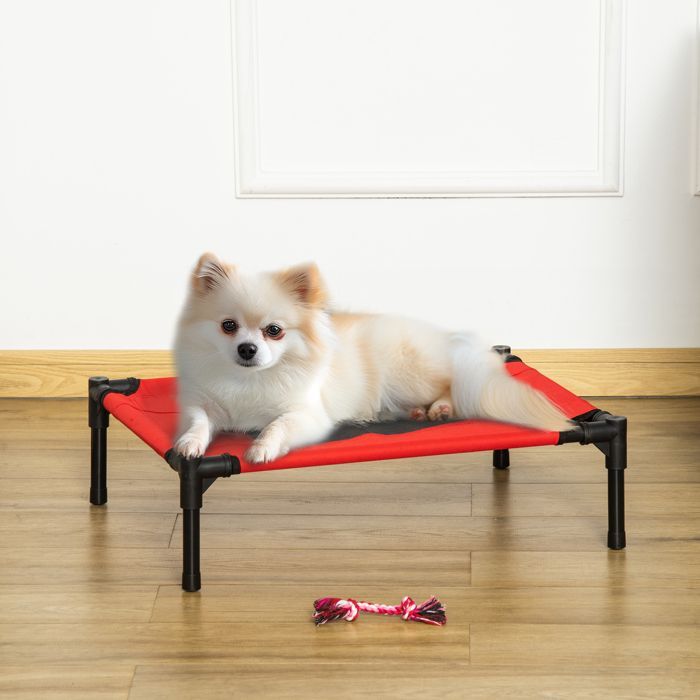 Cama elevada para perros PawHut - Cama para mascotas de textileno Oxford microperforado - Estructura de metal Oxford - 61x46x18cm - Rojo/Negro