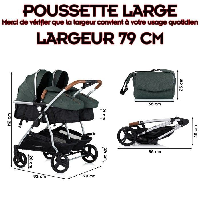DUO SMART kinderwagen voor tweelingen of kinderen met een klein leeftijdsverschil, 79 cm breed, groen, zonder autostoeltje