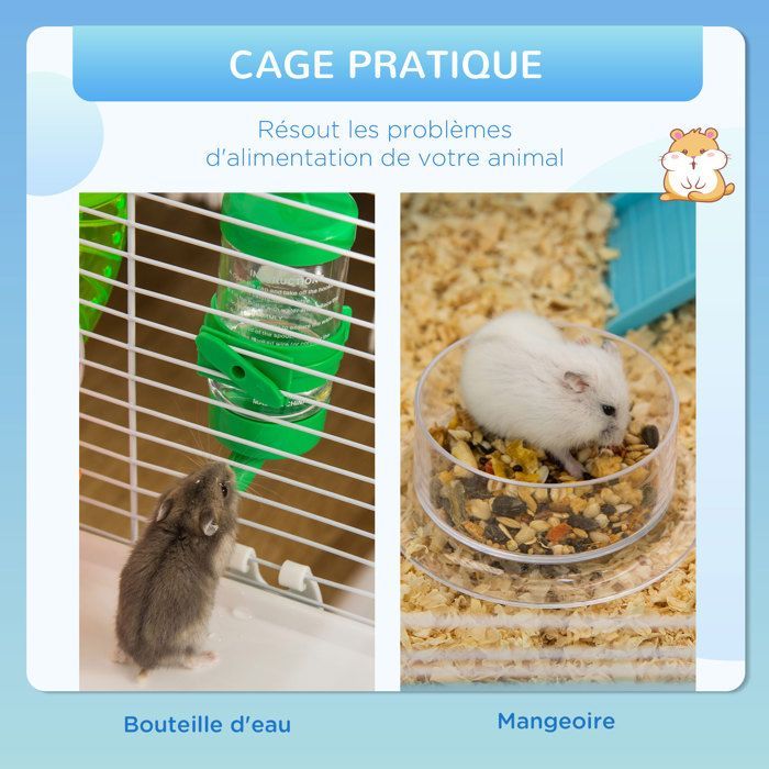 Cage pour hamsters - PawHut - rat rongeur 3 niveaux tunnel biberon eau roue maisonnette - plastique - 59x36x47cm
