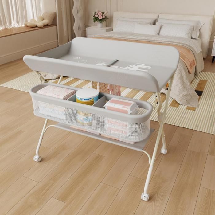 Cambiador plegable B.LIVEM, superficie de cambio con cesta lateral y barra para colgar ropa, altura regulable, con ruedas.