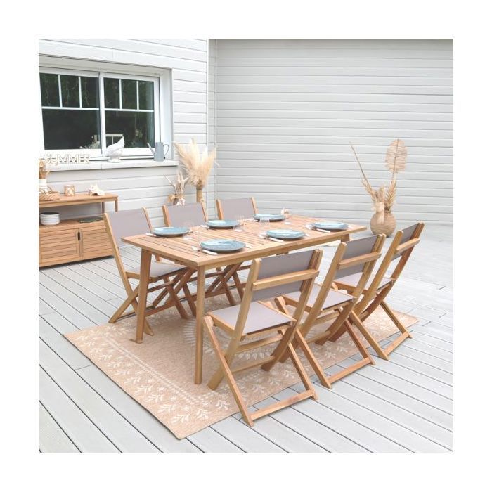 Conjunto de mesa y 6 sillas MOLA, 160/220 cm, madera de acacia y textilene.