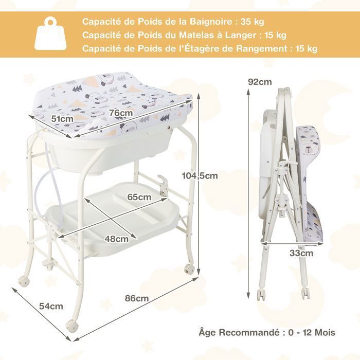 Cambiador plegable 4 en 1 para bebés COSTWAY con bañera (20 L) - 4 ruedas, manguera de 1 m, bandeja de almacenamiento, cojín de PVC impermeable - Capacidad de 35 kg - Blanco