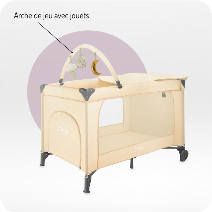 MoMi BELOVE PLUS - Lit parapluie bébé avec matelas, arche de jeux, table à langer + sac - 2 niveaux de couchage - 15 kg - Beige
