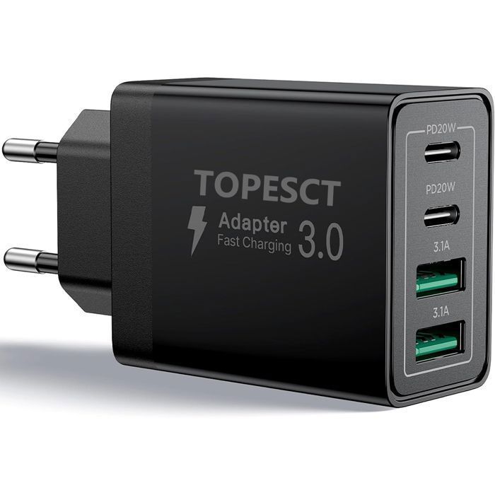 Carregador rápido USB-C de 40 W, carregador multi-USB de 4 portas com PD QC3.0, adaptador de energia USB-C compatível com iPhone -