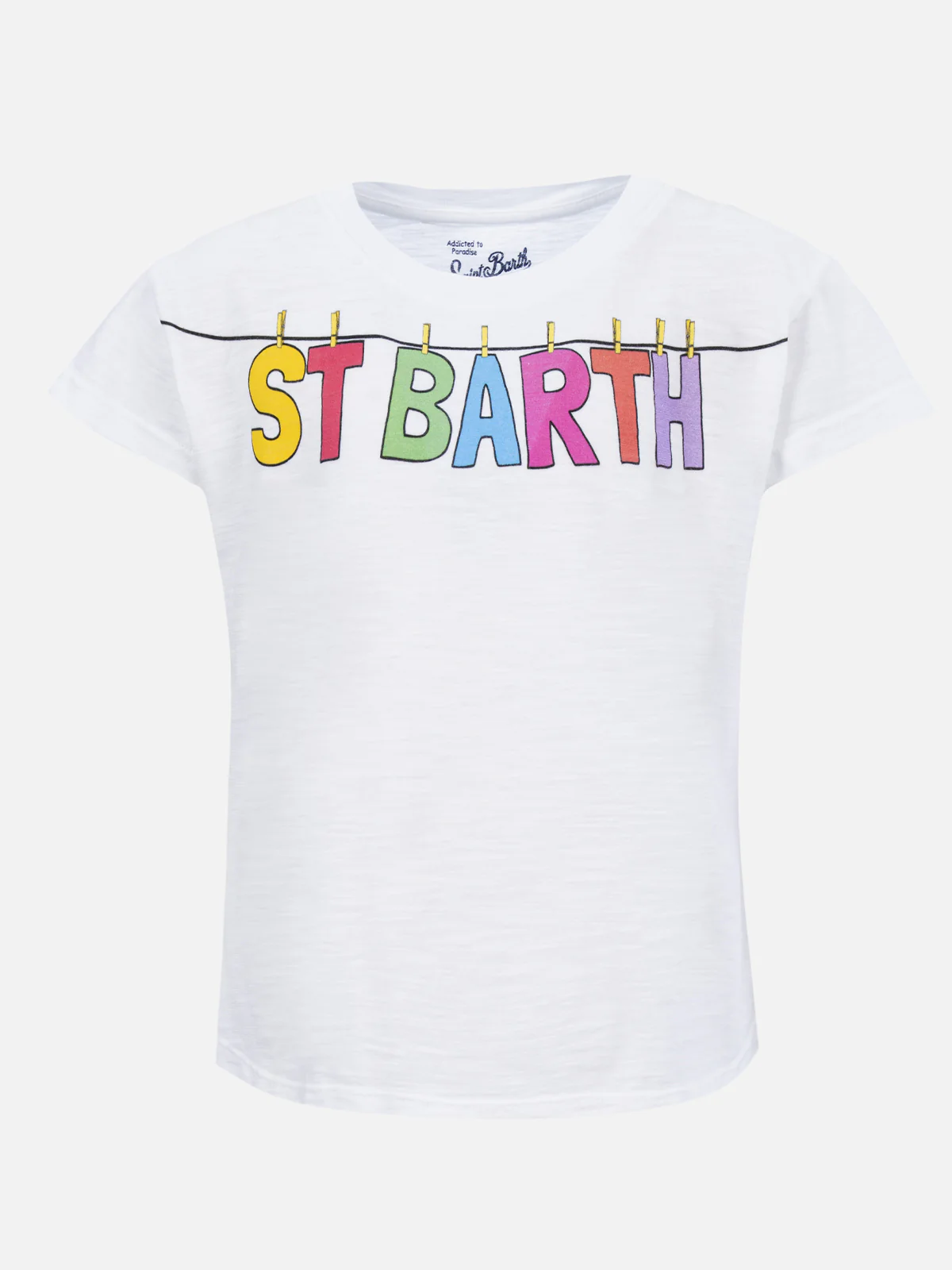 T-shirt voor meisjes met een veelkleurige St. Barth-print.