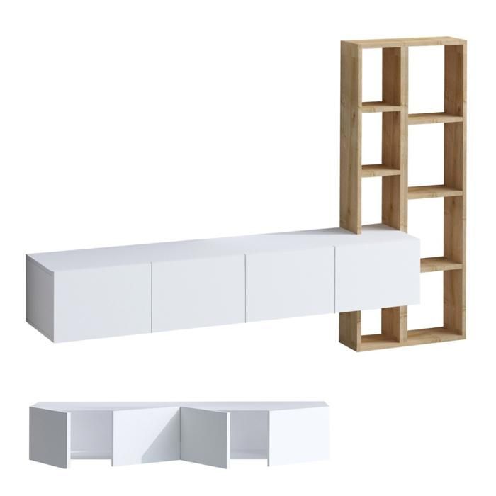 CALICOSY - Meuble TV suspendu 4 portes blanc et étagère chêne L182 cm - PANA - Blanc