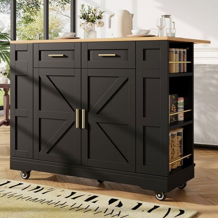 Buffet Îlot  de Cuisine , Armoire de Salon Multi-rangements,2 Portes 2 Tiroirs,Plan de Travail,Desserte Chariot à Roulettes ,Noir