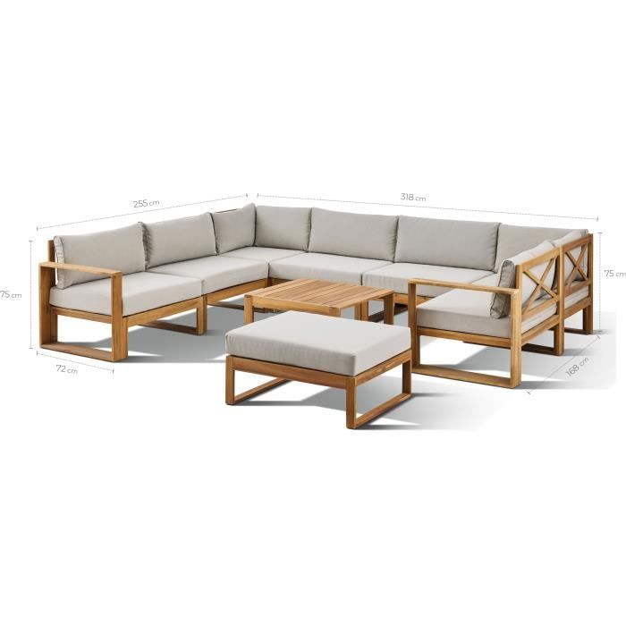 Salon de jardin d'angle modulable LEVATA XXL - Bois d'acacia FSC - 9 personnes - Gris de lin + Housse incluse