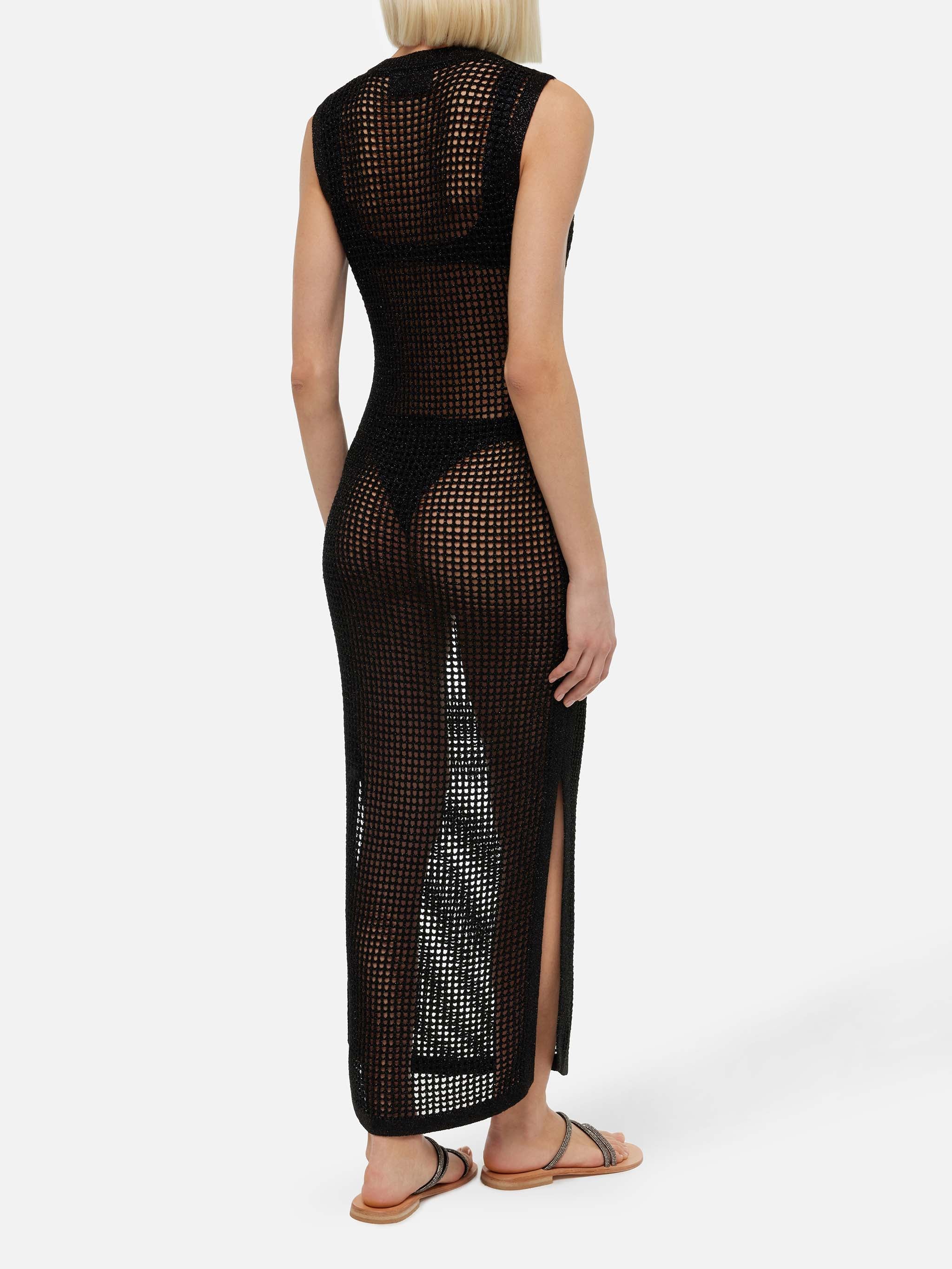 Eileen lange jurk van zwart lurex gehaakt mesh