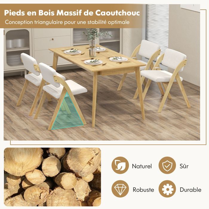 COSTWAY Lot de 2 Chaises de Cuisine Pliable avec Pieds en Bois de Caoutchouc Siège et Dossier Rembourrés, Hauteur du Siège 48 cm