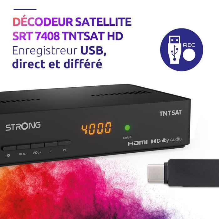 STRONG - Decodificador TNTSAT HD SRT7408 - Cartão TNTSAT - Time-shifting - Gravação via USB - Assistente de instalação - Modo de espera econômico