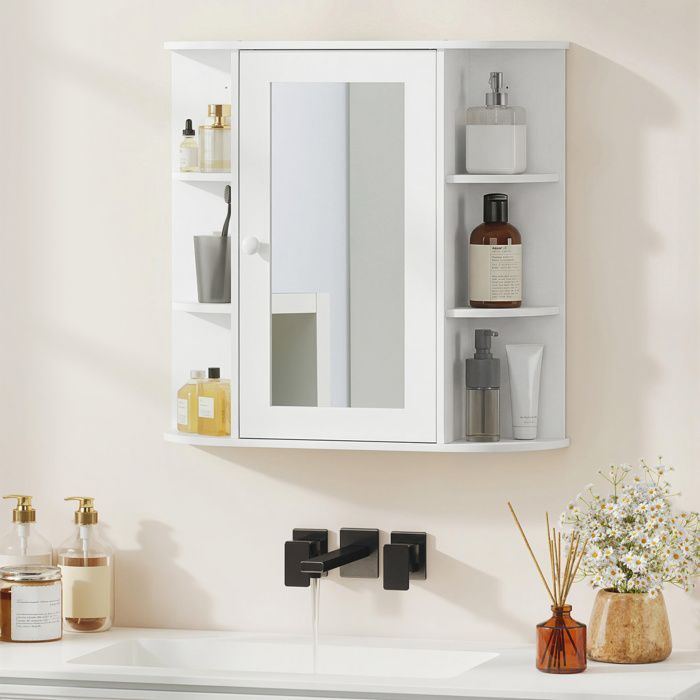 Armoire murale avec miroir salle de bain - HOMCOM - rangement toilettes 1 porte étagères  latérales - MDF - blanc
