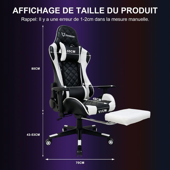 Silla gaming FOXSPORT - Modelo ergonómico - Altura regulable - Reposapiés telescópico - Capacidad de carga de 150 kg - Blanca