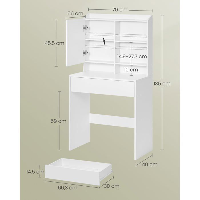 Coiffeuse - HELLOSHOP26 - Blanc - Miroir inclus - 1 tiroir - Étagères réglables