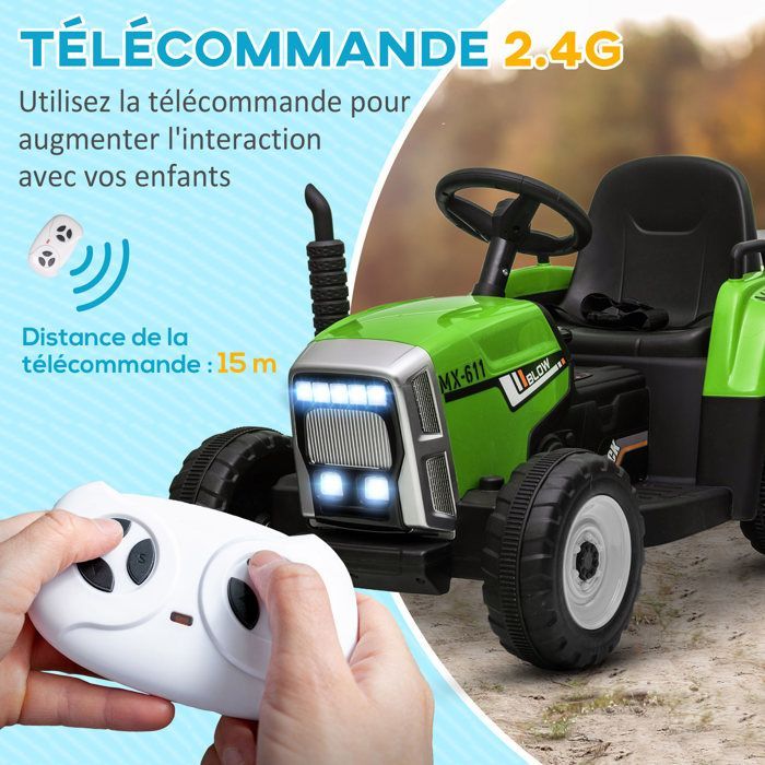 Electric Tractor - HOMCOM - with detachable trailer - with remote control, MP3 music player, display, and lights - for children aged 3-6 years - green