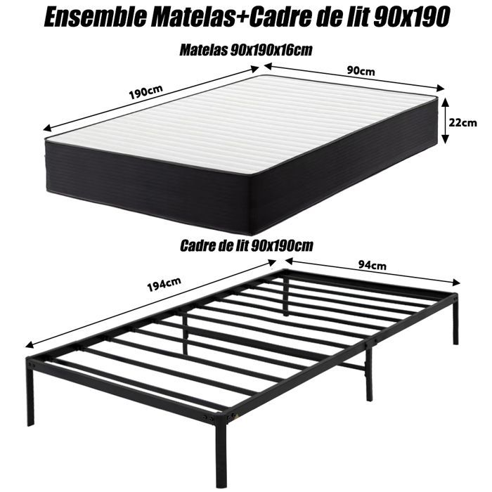 Conjunto de colchón y base de cama de 90x190, cama de 90x190 con base y colchón, colchón de 90x190x22cm