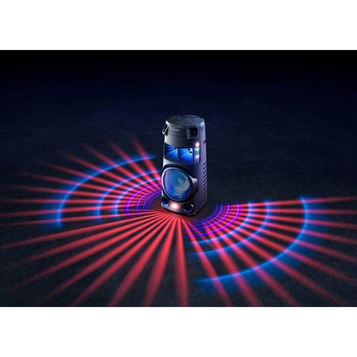 Sistema de audio Sony MHC-V43D con Bluetooth, sonido de amplio ángulo e iluminación multicolor.