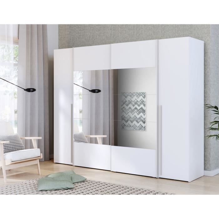 NARAGO Kledingkast - Matwitte afwerking - 2 schuifdeuren + spiegel + 2 draaideuren + 2 kledingstangen - B270 x D61 x H210 cm
