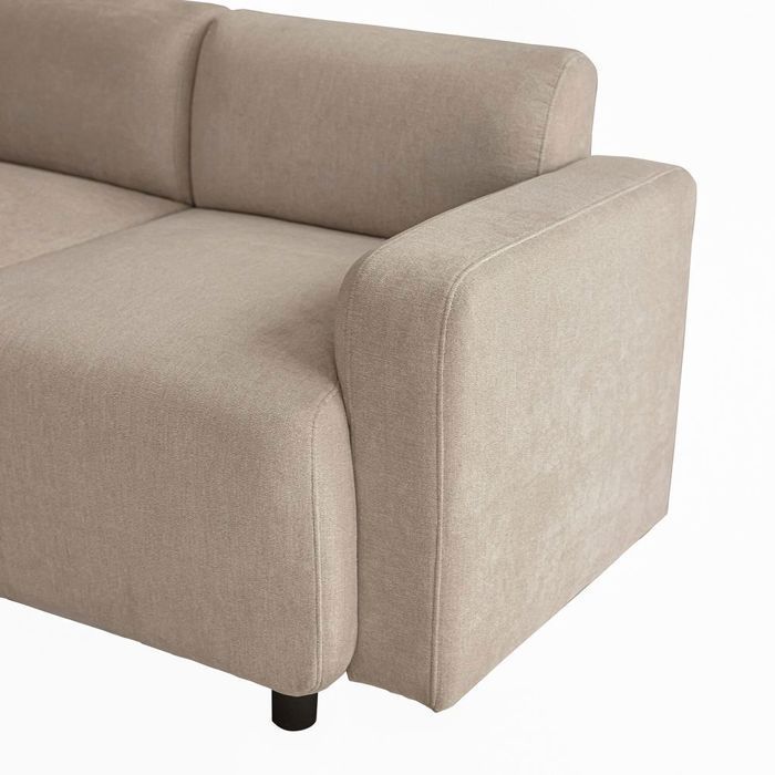 Modern design straight sofa, 3-seater upholstered furniture with decorative cushions, beige living room sofa