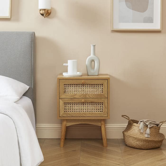 Table de chevet INES effet chêne et cannage rotin 2 tiroirs - Bois
