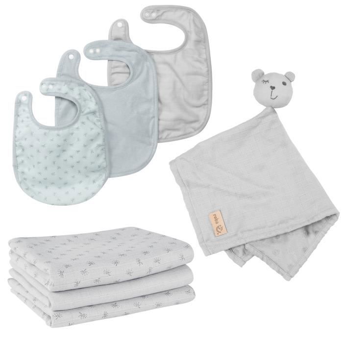 ROBA Coffret Bébé Lil Planet - 7 PCS - 3 Bavoirs + 1 Doudou + 3 Langes - Cadeau de Naissance - Gris Argenté / Bleu