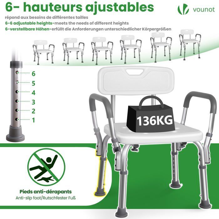 Silla de ducha VOUNOT® con respaldo y reposabrazos - Altura regulable - Patas antideslizantes - Asiento de aluminio y HDPE - Blanca