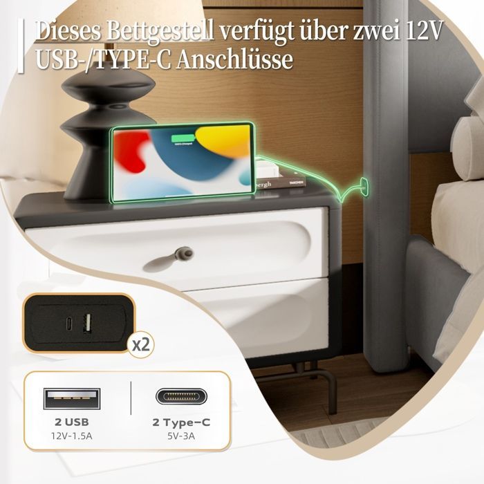 Cama doble tapizada de 160 x 200 cm, cama adulta con cabecero alto, puertos USB y somier de láminas - gris