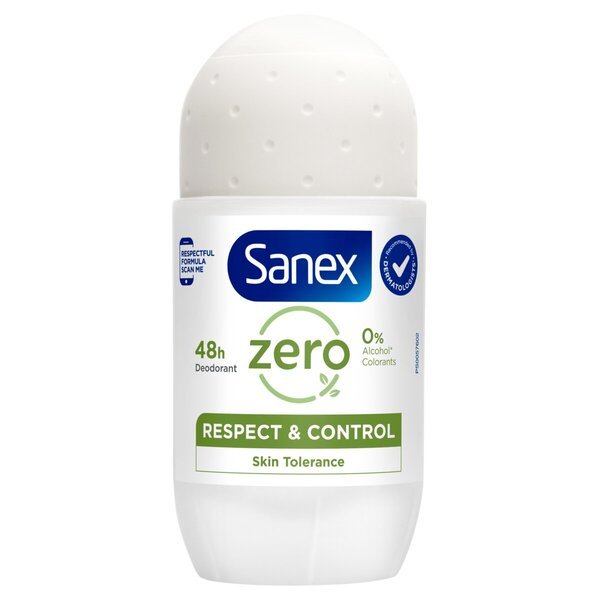 „Sanex Zero% Respect & Control 48H“ dezodorantas-rolleris<br>50ml – visiems odos tipams