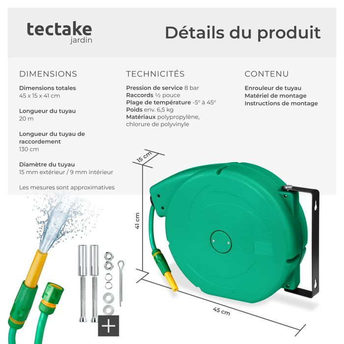 Enrouleur - TECTAKE - Dévidoire pour jardin avec support de tuyau d'arrosage automatique de 20 m - Vert