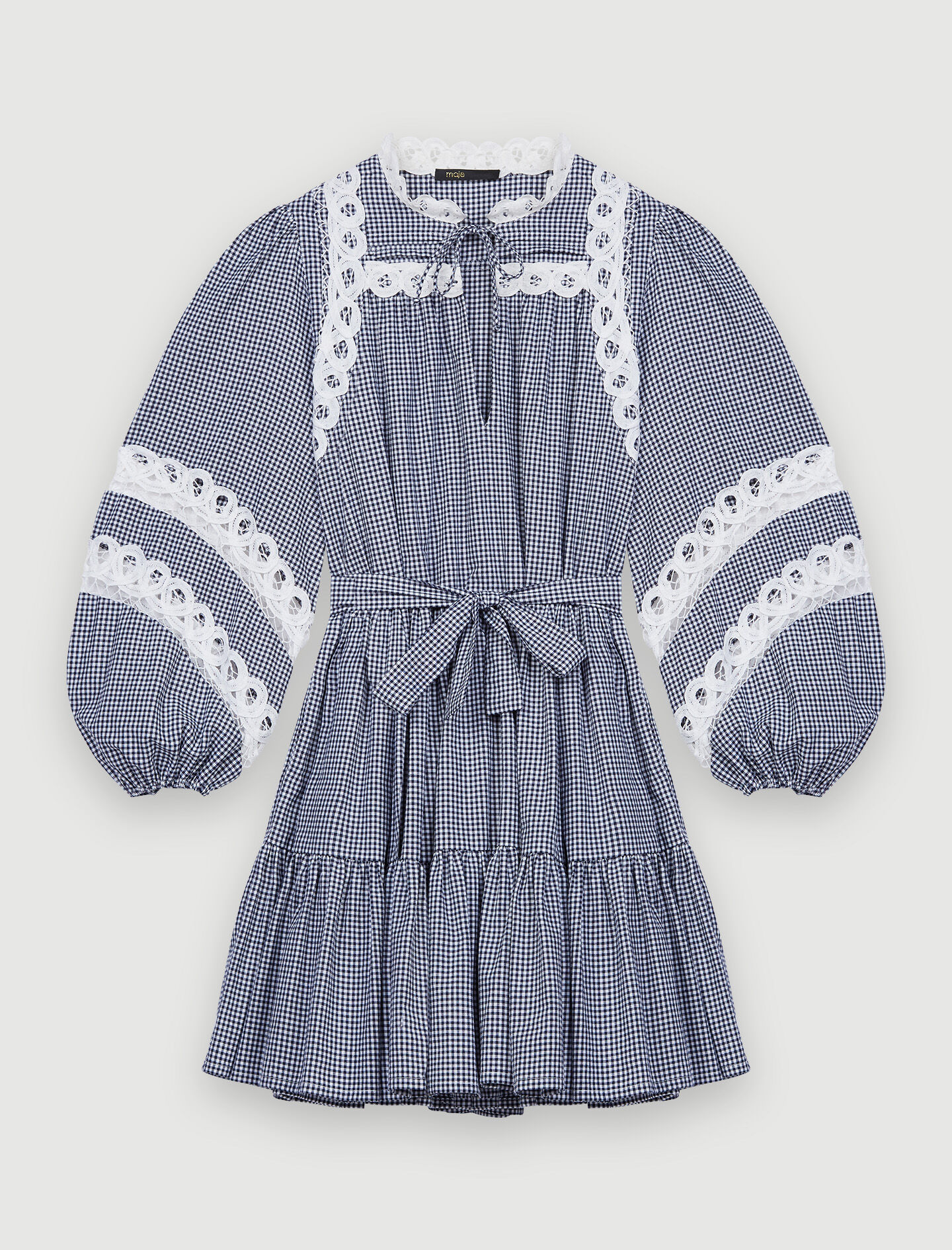 Rochie în carouri Vichy și dantelă - Bleumarin / Ecru