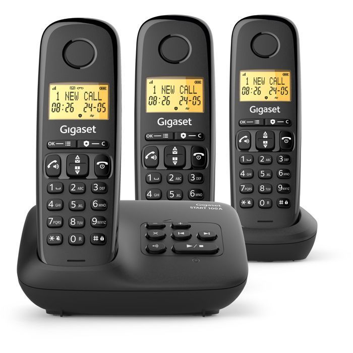 Landline phone - GIGASET - Basic 100A TRIO - Answering machine - Hands-free - Backlit screen - 50-contact phonebook - Call blocking - Black