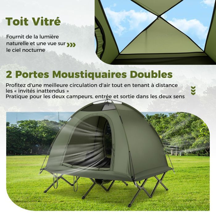 Tienda de campaña plegable para 2 personas COSTWAY con cama elevada, bolsa de transporte con ruedas, 2 puertas de malla y techo.