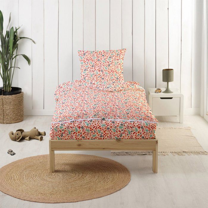 Parure de Lit Enfant Caradou® Fleurs en Coton 4 pièces: Couchage tout-en-un avec couette - 90x190cm - BLEU CALIN