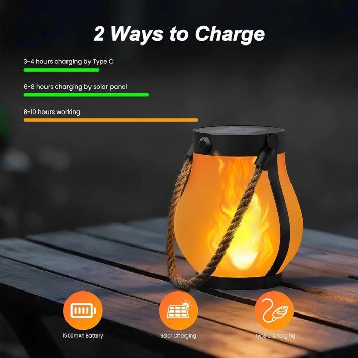2 linternas solares para exteriores - Carga dual (USB/solar) - 2 modos - Resistentes al agua - Se pueden colgar o colocar sobre una superficie.