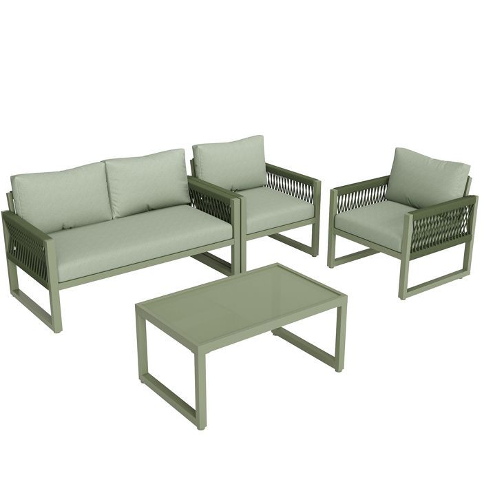 Set di mobili da giardino in ferro zincato - 1 divano, 2 poltrone e 1 tavolino da caffè in vetro - decorato con corda - 4 posti - Verde avocado