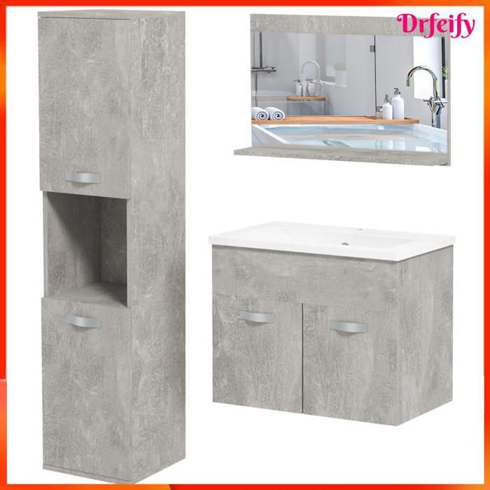 Ensemble de meubles de salle de bain - AKOZON - 8643 - 4 pièces - Gris - Suspendu - Vasque céramique