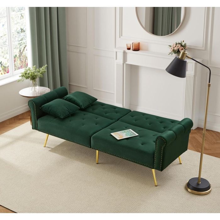 Canapé convertible - RAVAS - Banquette 2 places - Velours vert - Dossier réglable - Espace de rangement