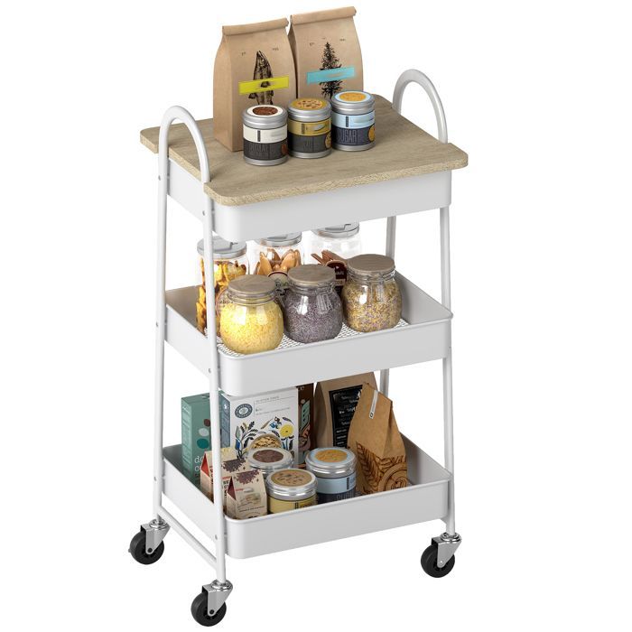 Desserte cuisine - HOMCOM - 3 niveaux, avec plateau supérieur, paniers en maille, poignées - 45 x 32 x 77,5 cm - chêne