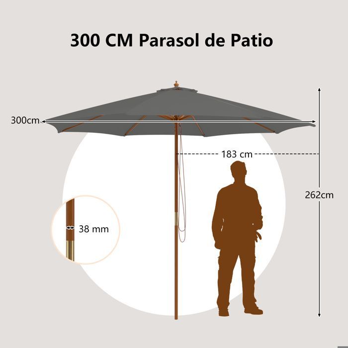COSTWAY Parasol de Terrasse en Bois de 300 cm, avec 8 Baleines en Bambou, 3 Hauteurs Réglables, Poulie de Levage à Corde, Gris