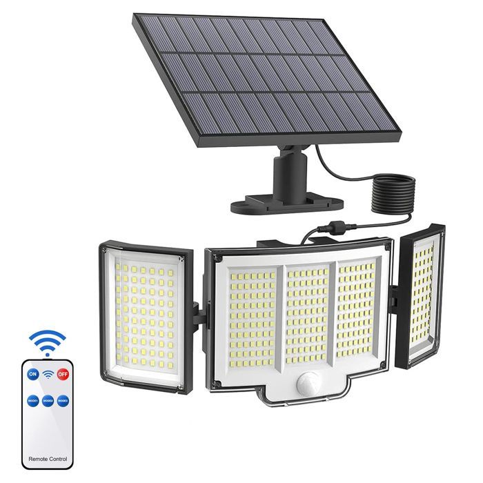 Foco solar exterior de 348 LED con sensor de movimiento, resistente al agua IP65 para jardín.