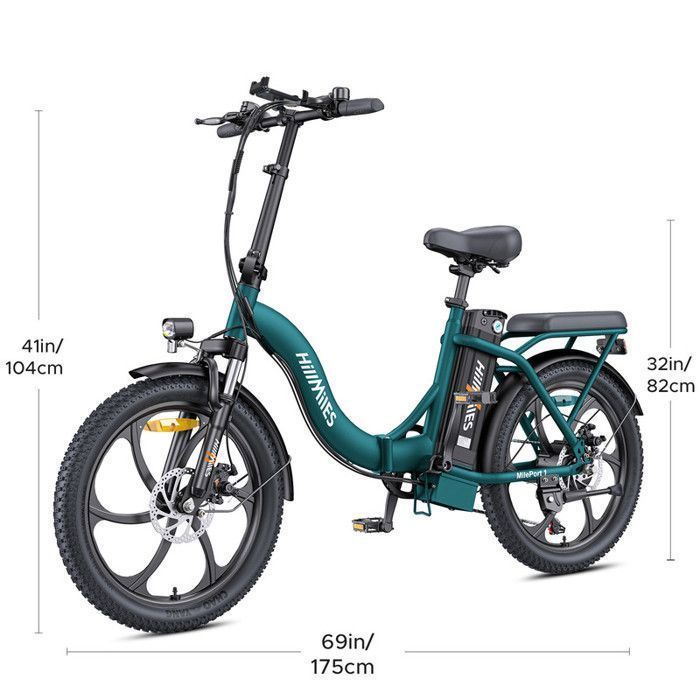 Bicicleta elétrica dobrável - HILLMILES - MilePort 1 - Autonomia de 60 km - Motor de 250 W - Bateria de 36 V 13 Ah, Verde