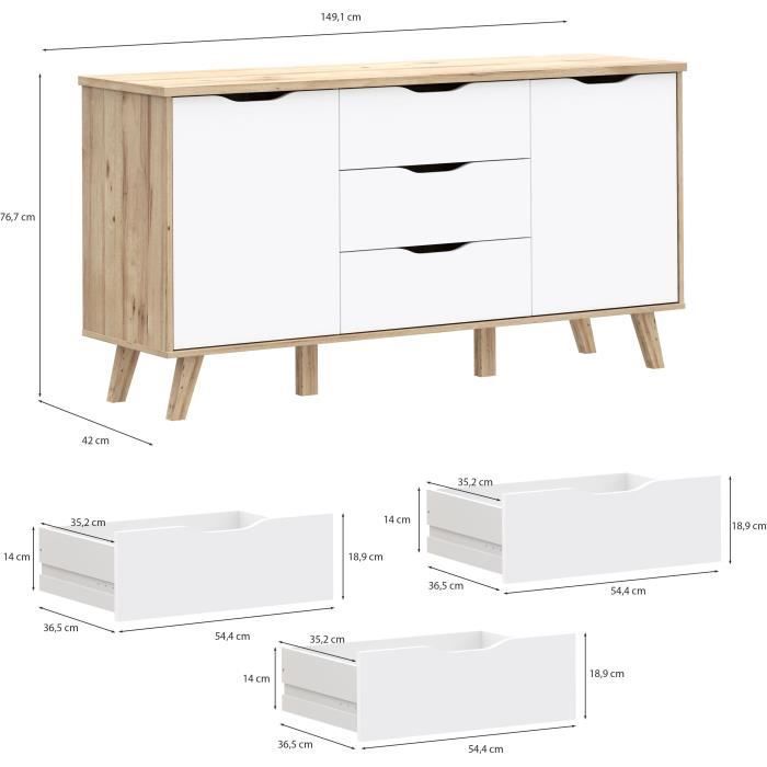 Aparador de 150 cm - VANKKA - Roble / Blanco mate - 2 puertas - 3 cajones