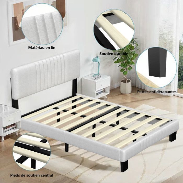 Estructura de cama de 140x190 cm, cabecero regulable en altura, estructura metálica con somier de láminas, tejido de lino, colchón no incluido.