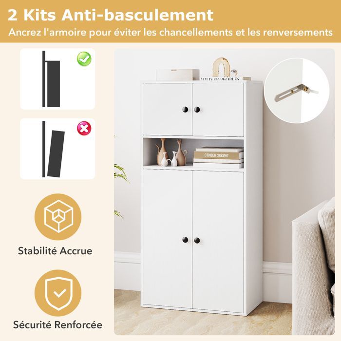 GIANTEX Buffet de Cuisine Moderne-Étagères Réglables-2 Armoires à 2 Portes-Compartiment Ouvert-Bibliothèque-54x30x111cm-Blanc