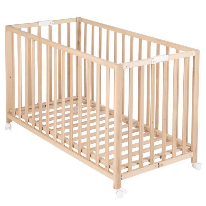 Cuna plegable para bebé - 60 x 120 cm - ROBA - PLEGABLE - Ruedas - Madera natural