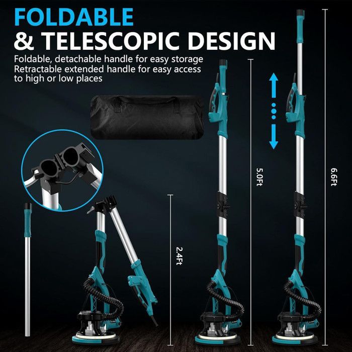 Levigatrice Giraffe da 1250 W con aspirazione automatica della polvere - Impugnatura telescopica e pieghevole - 6 velocità da 800 a 1800 giri/min - Testa rotante a 90°