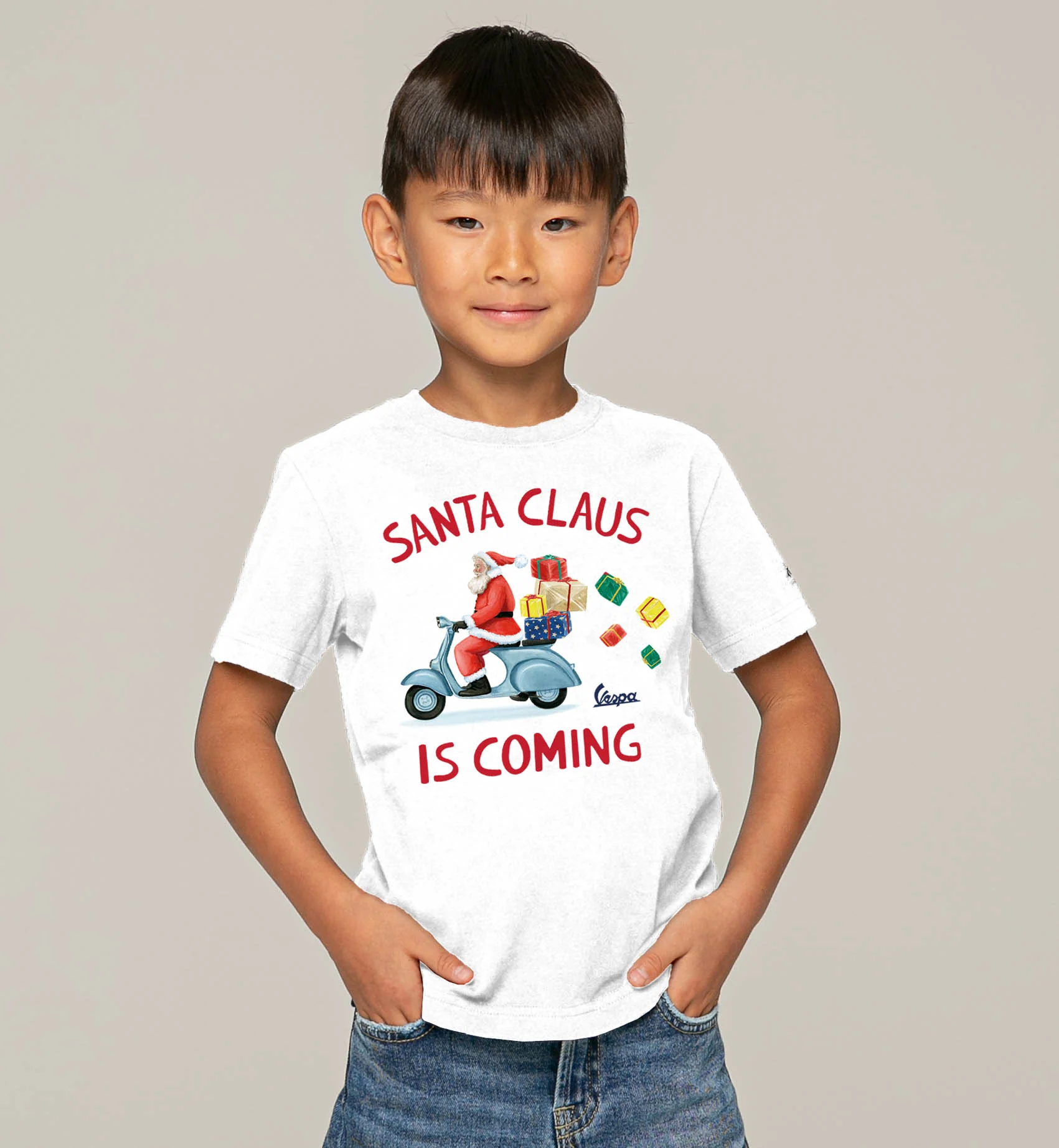 T-shirt bianca da bambino con stampa Santa Claus is coming - Vespa Spe