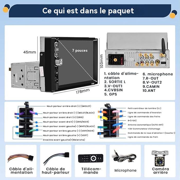 Radio para coche Podofo 1 DIN de 7 pulgadas con Bluetooth, Android Auto, CarPlay inalámbrico, enlace con espejo retrovisor, USB, controles en el volante, ranura para tarjeta TF y cámara de visión trasera.