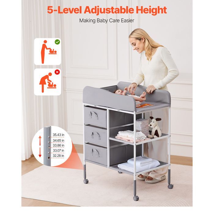 Fasciatoio portatile Duoku - 3 cassetti in tessuto e rotelle bloccabili - Mobile multifunzionale - Grigio